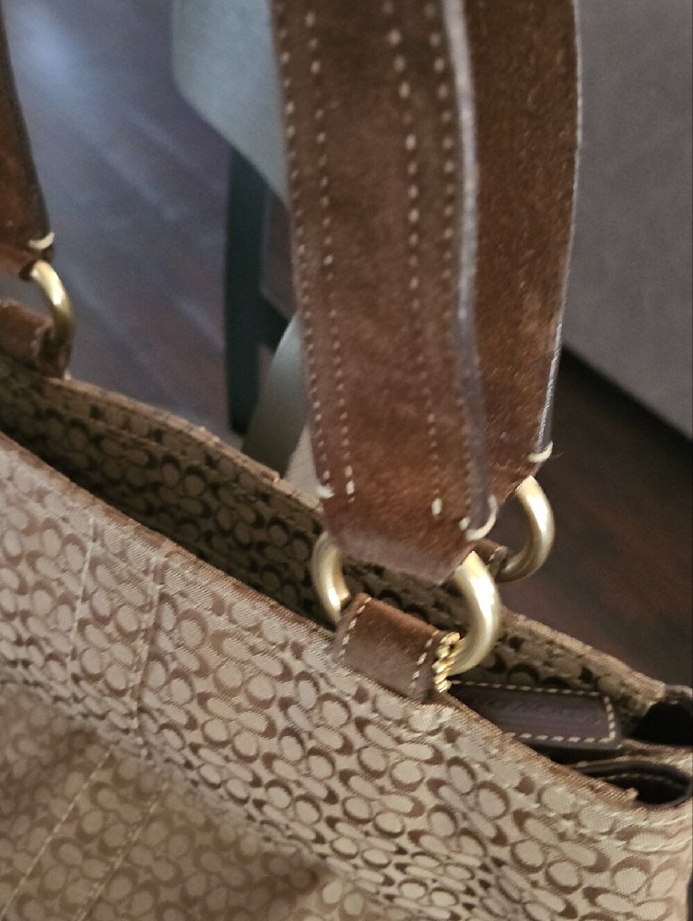 Coach Beige Patterned Canvas Tote with Brown Leather Trim - Picture 6 of 9